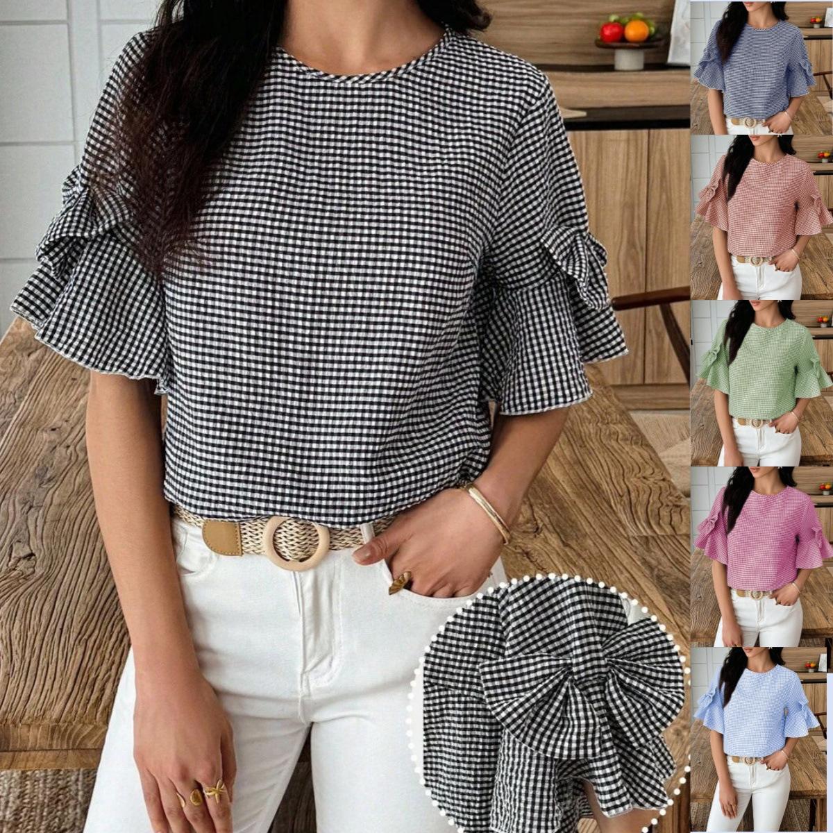 Womens Casual Top With Bow-Detail Plaid Trim Ruffled Cuffs And Puffed Sleeves