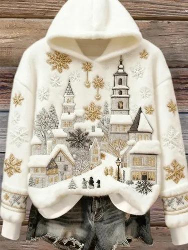 Womens Flannel Christmas Crew-Neck Long-Sleeve Top