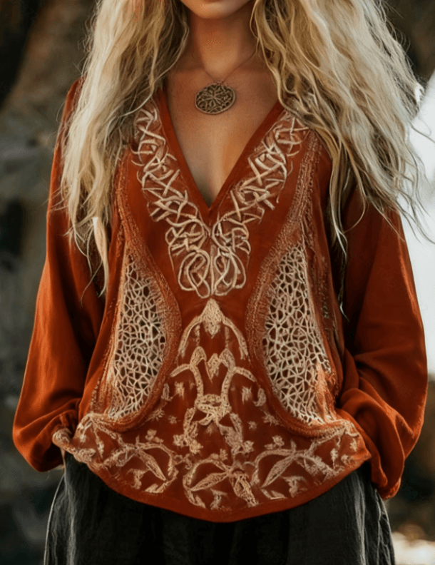 Ethnic Style Hollowed-out Embroidered V-neck Top