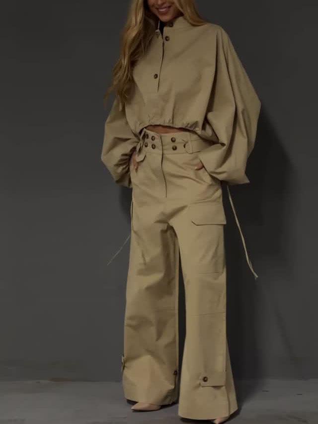 Khaki Stand Collar Puff Sleeve Crop Top & Double Button Wide Leg Cargo Pants Set
