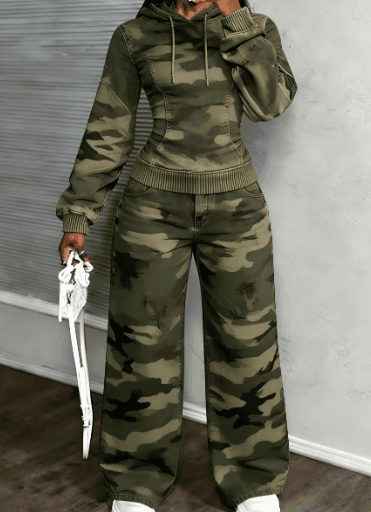 Trendy Cool Distressed Denim Hoodie And Wide-Leg Pants Two-Piece Set