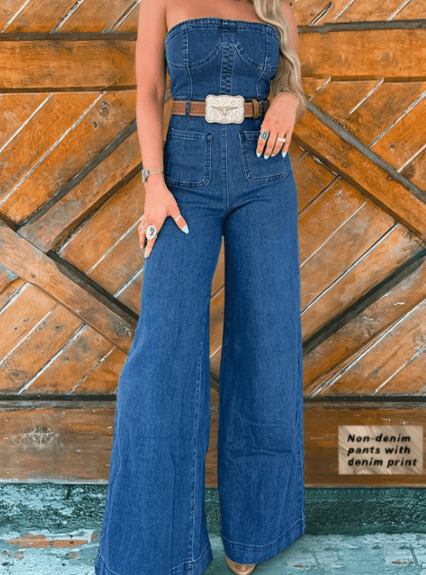 Tube Top Denim Print Wide-Leg Jumpsuit