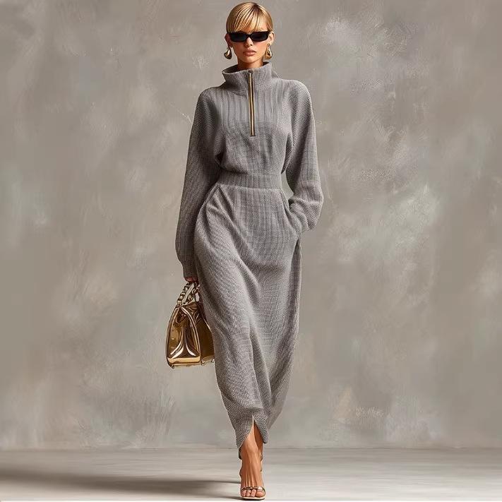 Elegant Casual V-neck Long-sleeve Light Gray Waffle-knit Dress With A Front Zipper