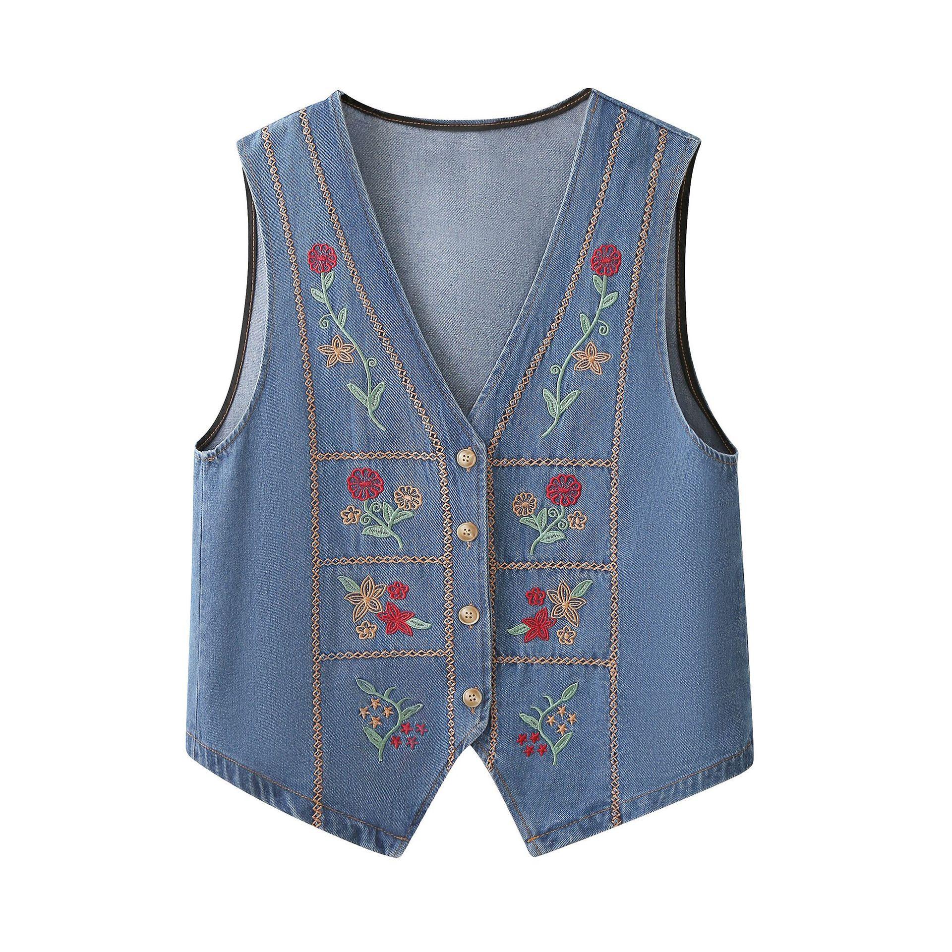 Heavy-Duty Embroidered Ethnic-Style V-Neck Denim Vest