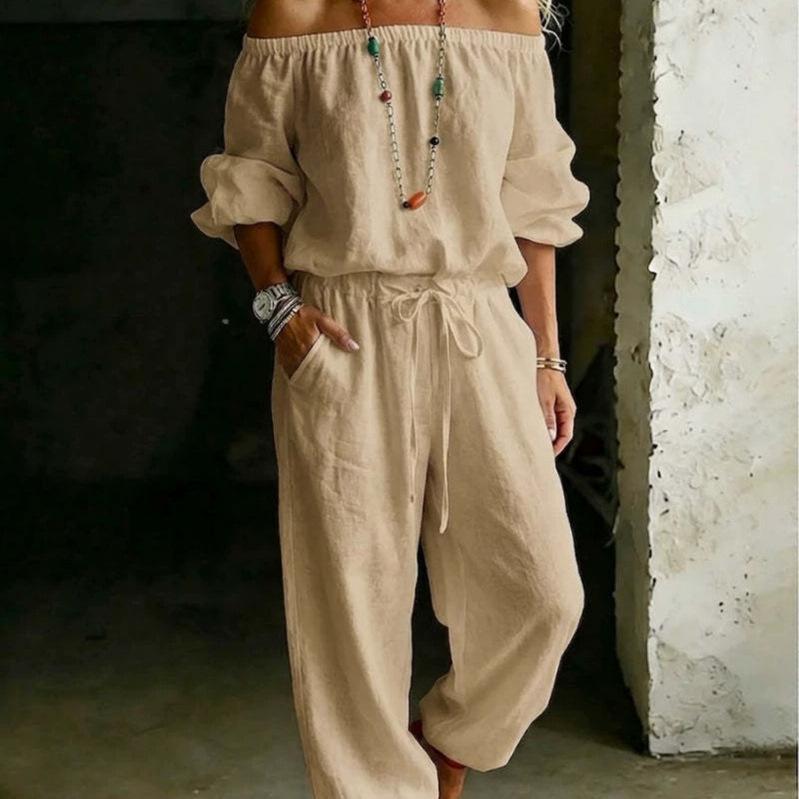 One-shoulder Top And Casual Drawstring Jogger Pants Jumpsuit Set