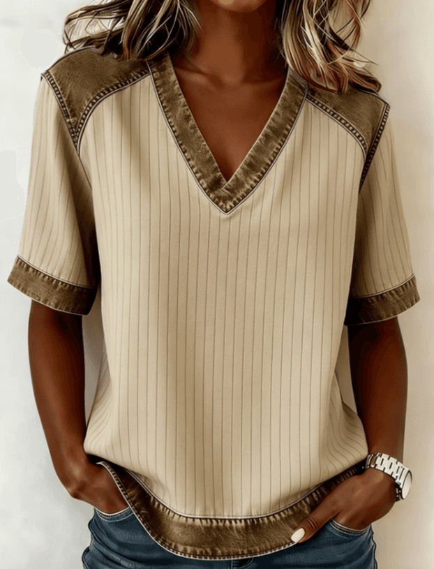 Color-blocked V-neck Raglan Sleeve T-shirt For Women, Loose Fit, Casual And Versatile Short Sleeve.