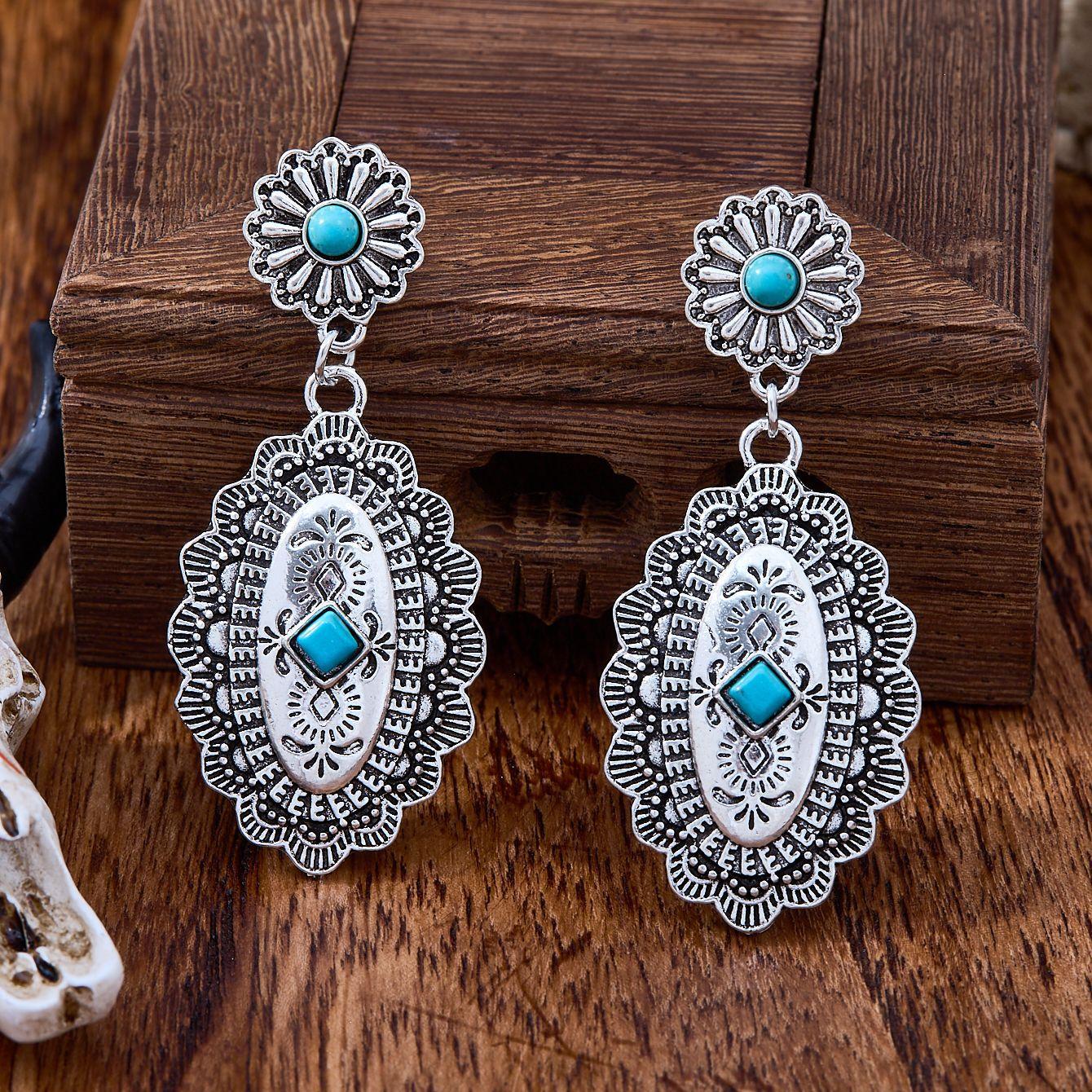 Geometric Carved Exaggerated Drop Earrings Antique Silver Color