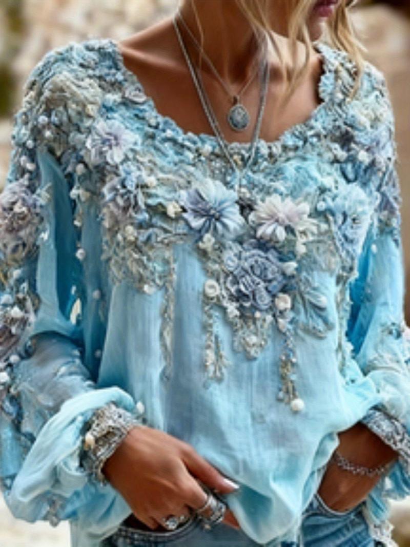 Women's Bohemian Style V-Neck Long Sleeve Shirt - Loose Printed Top