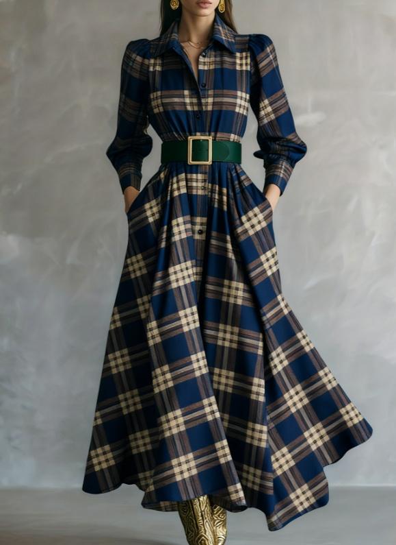 Waist-cinching Shirt Collar Casual Long Dress