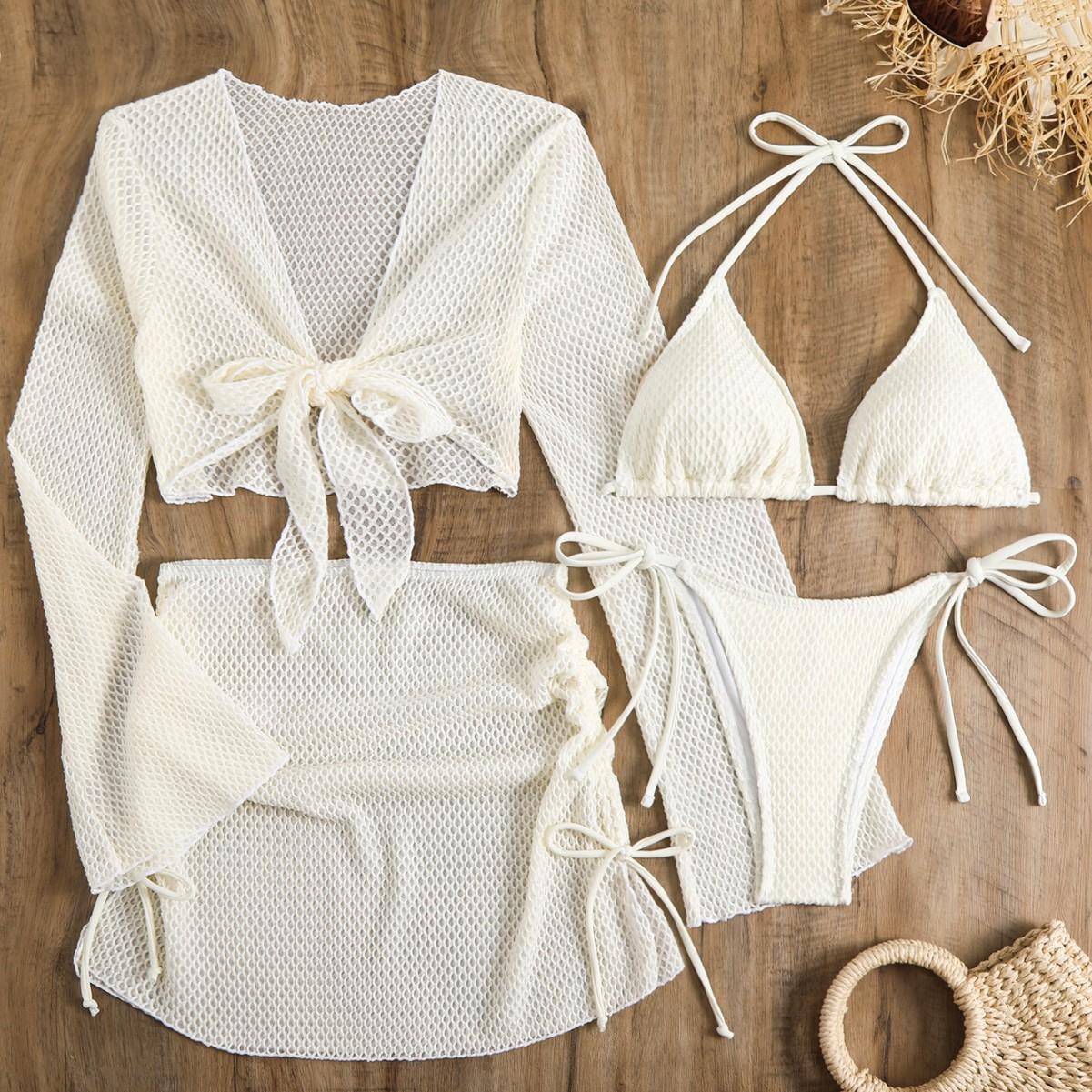 Cross-border Lightweight Sheer Lacey Off-white Vacation Swimsuit Set