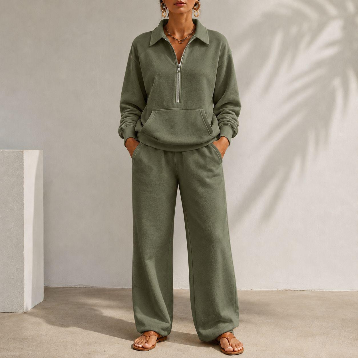 V-neck Patch-pocket Sweatshirt And Casual Wide-leg Trousers A Relaxed-fit Set