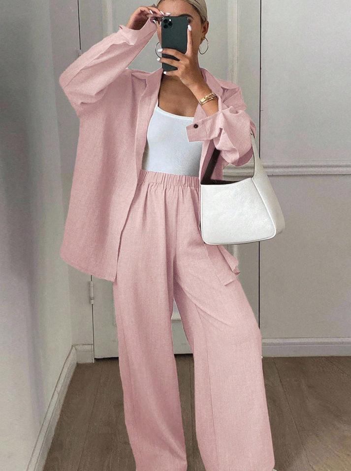 Loose Profile Long Sleeve Shirt High Waist Drooping Wide Leg Pants Two-piece Set