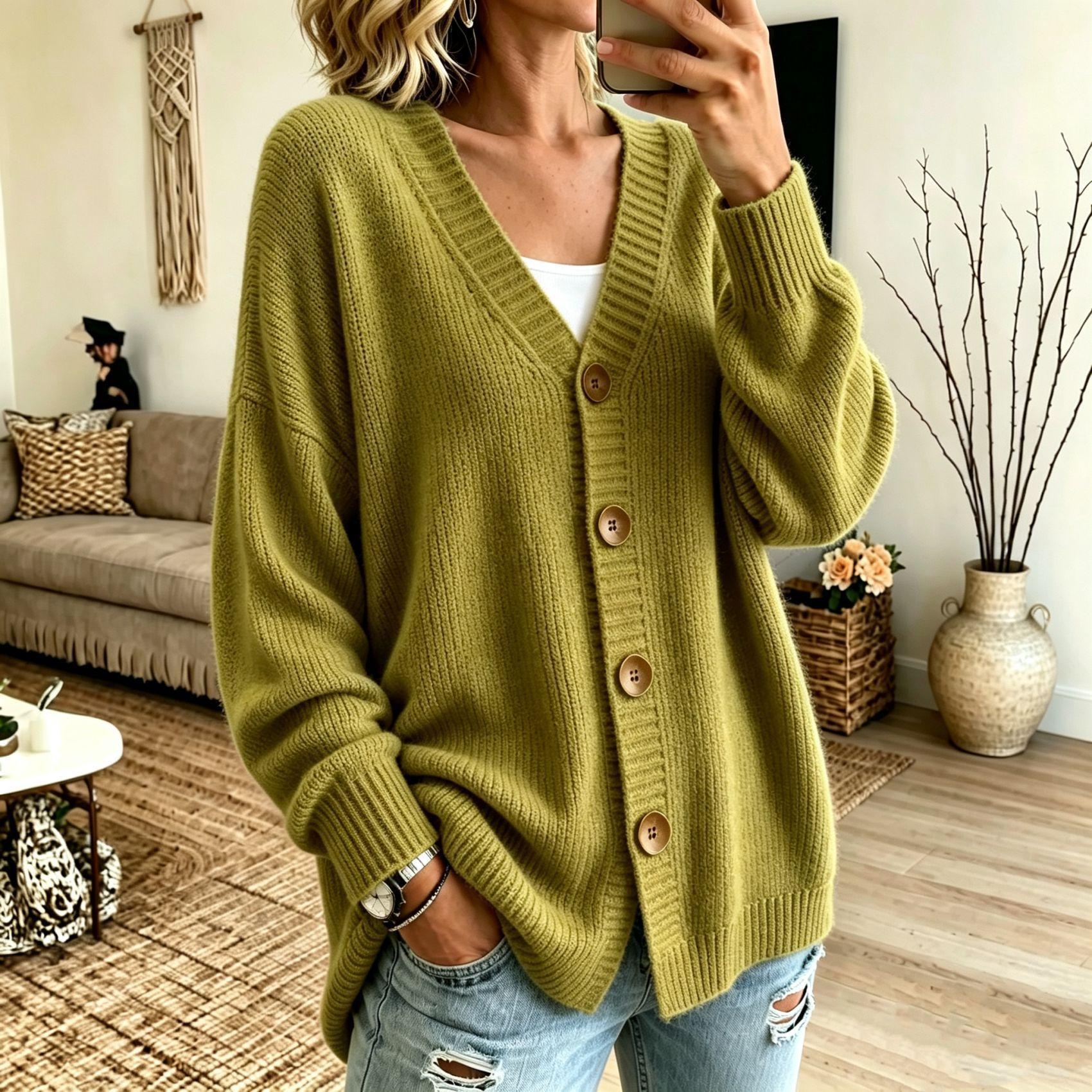 Buttoned V-neck Knitted Cardigan Sweater For Women