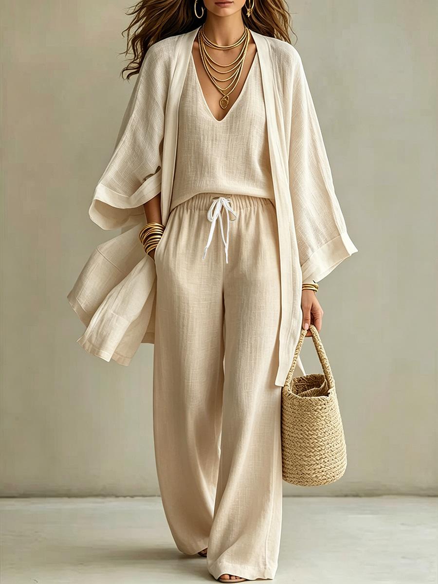 Womens Solid Color V-Neck Cardigan Vest With Pockets And Long Pants Three-Piece Set