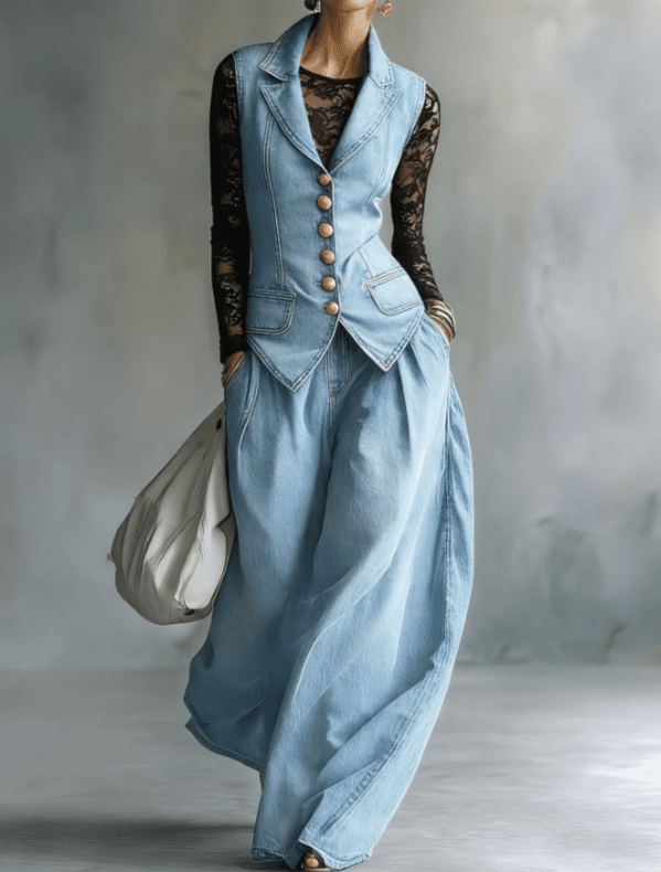 Waist Up Suit Collar Vest Wide Leg Pants Two-piece Set
