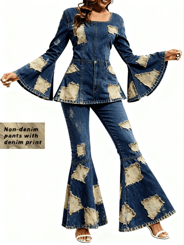 Women's Denim Print Flared Sleeve Slim Waist Casual Suit
