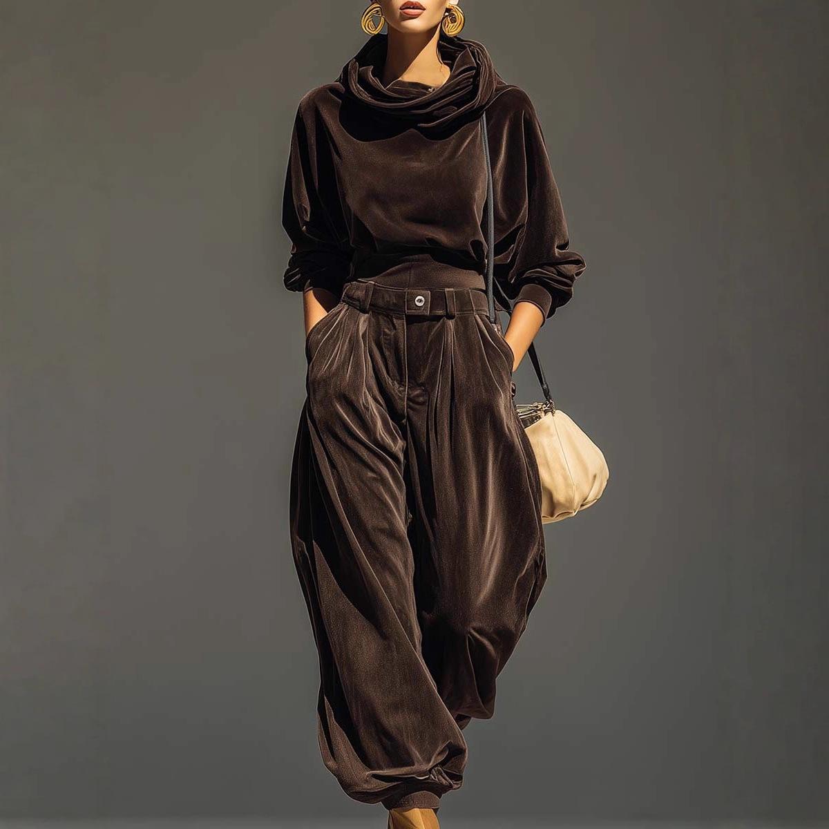 Velvet Hooded Long-sleeve With Tapered Pants Casual Set For Women