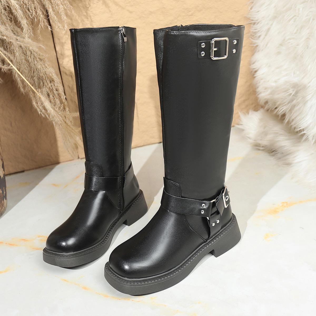 Womens Round Toe Thick Soled Belt Buckle Over The Knee Boots
