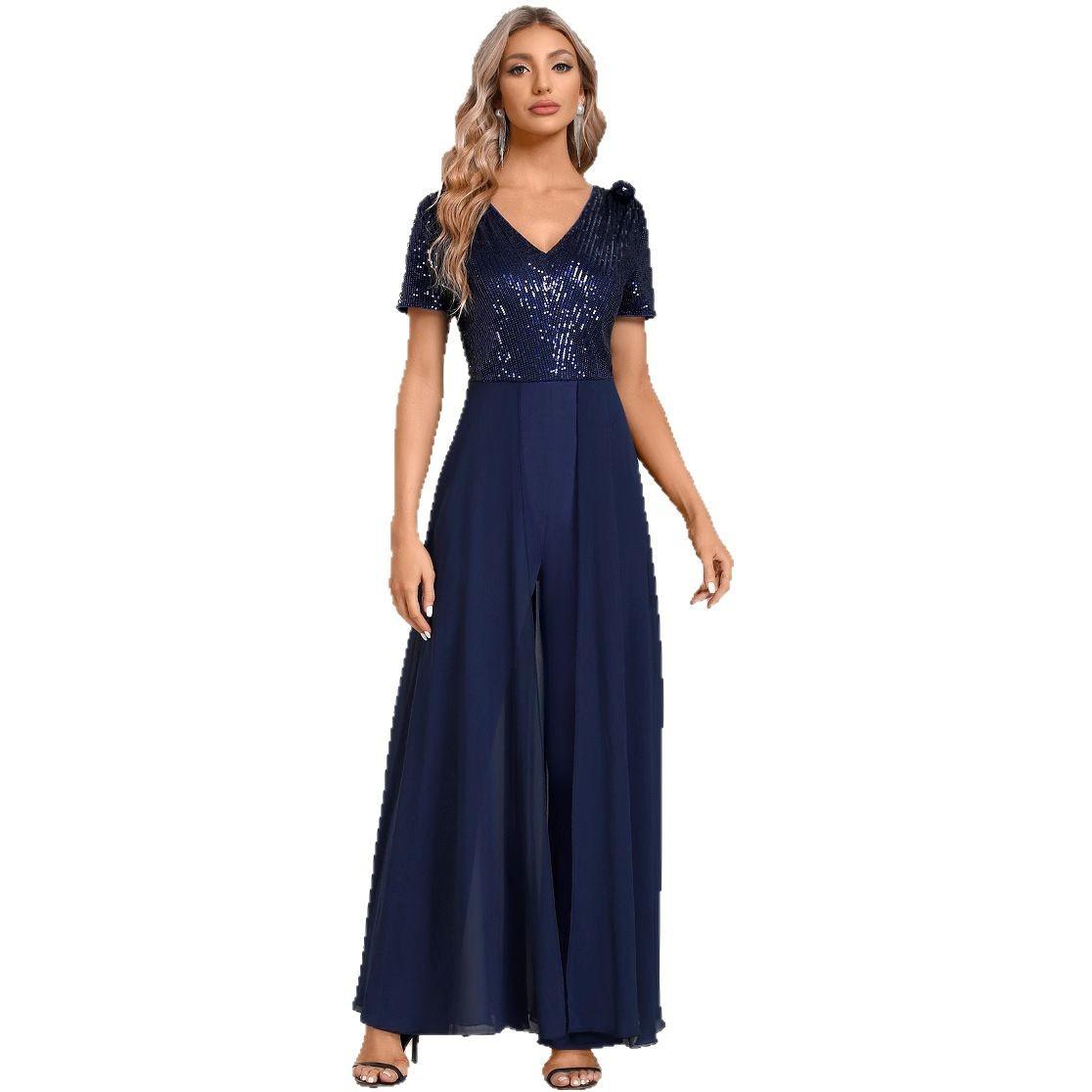 Solid Color Temperament Chiffon Sequin Splicing Women's Jumpsuit