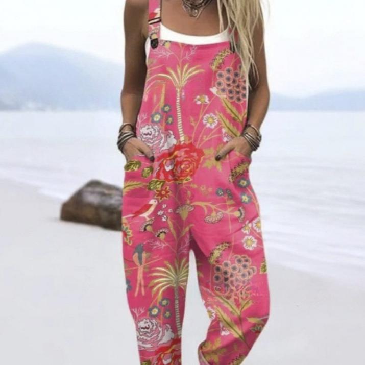 Women's Summer Digital Printing Button Casual Suspender Trousers