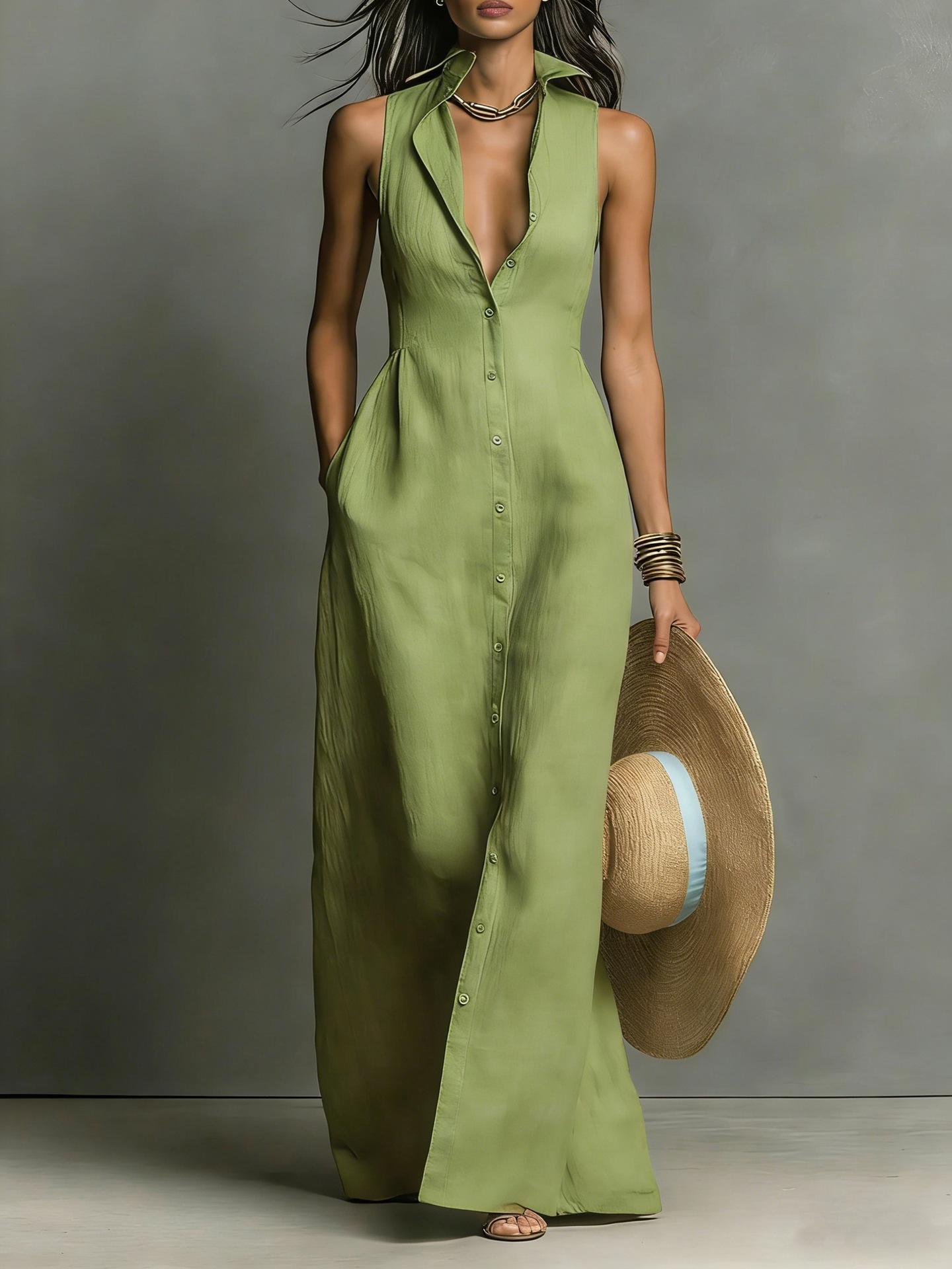 New European & American Style Button-Detail Sleeveless Shirt Collar Dress