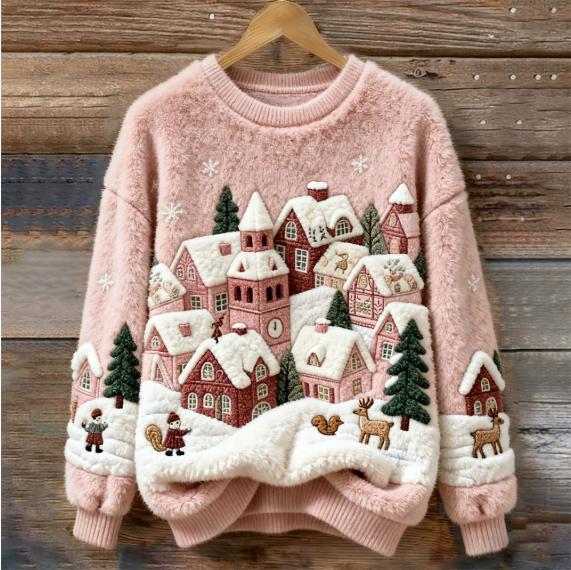 Womens Autumn Winter Christmas Cartoon Puppy Crew-Neck Sweatshirt