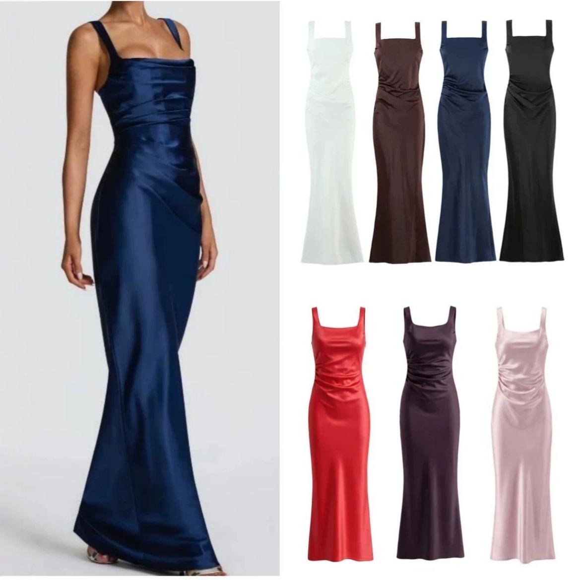 Solid-color Elegant Strap-waistline Long Dress