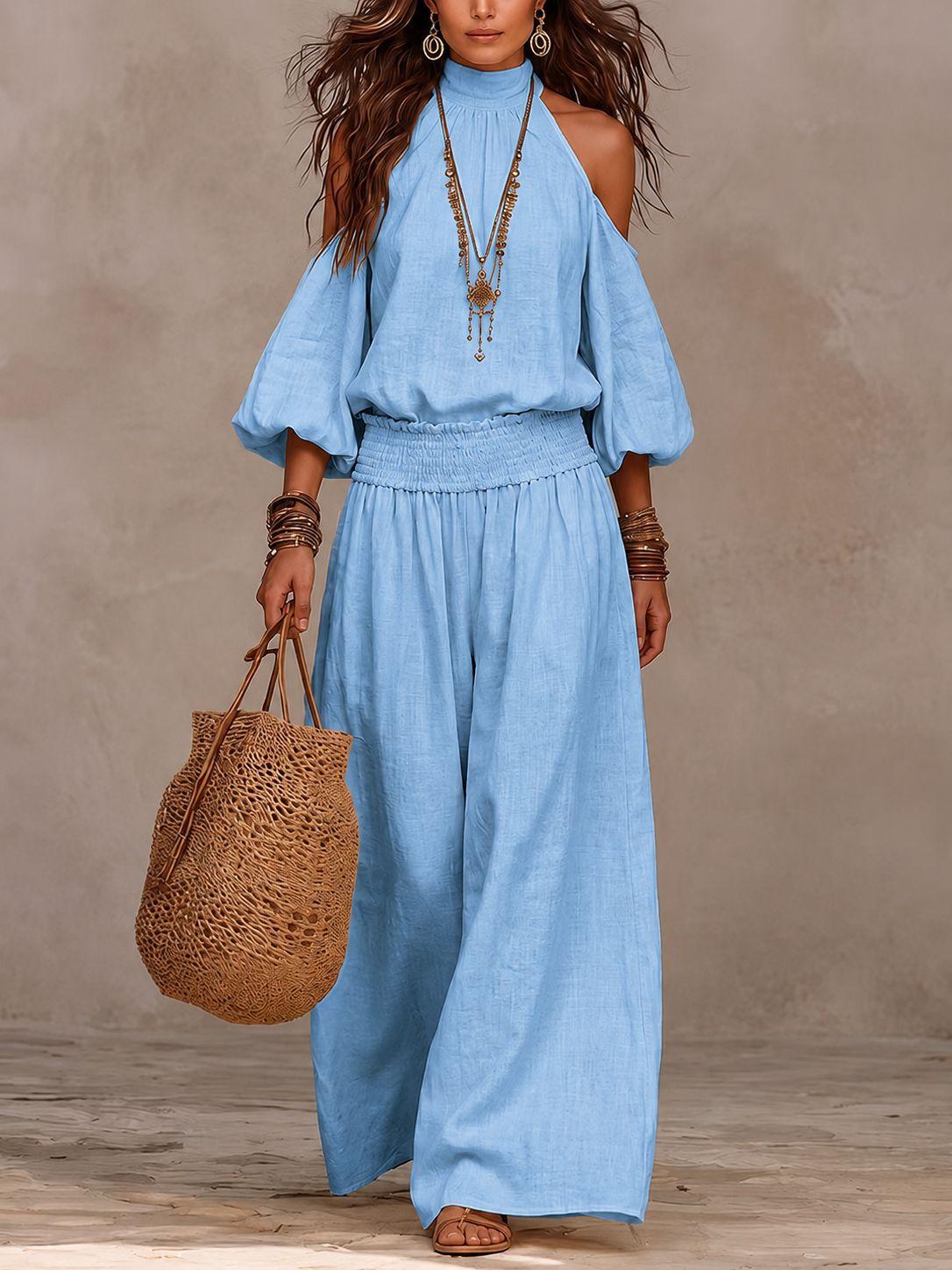 Womens Fashionable Casual Round-Neck Loose-Fit Long-Sleeve Hollow-Out Top And Pleated Pants Set