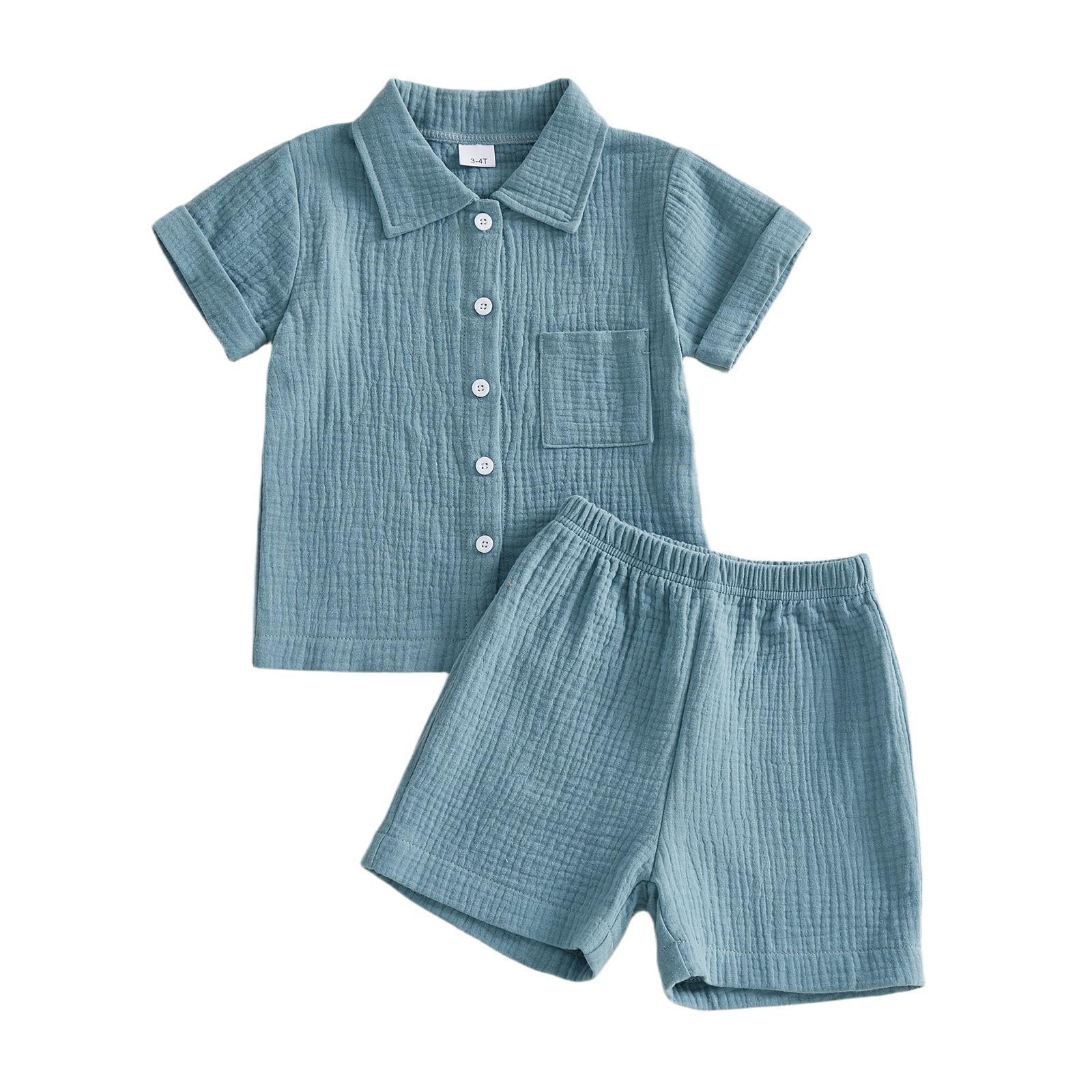 Wrinkled Fabric Casual Short-sleeve Lapel-collar Shirt And Shorts Set