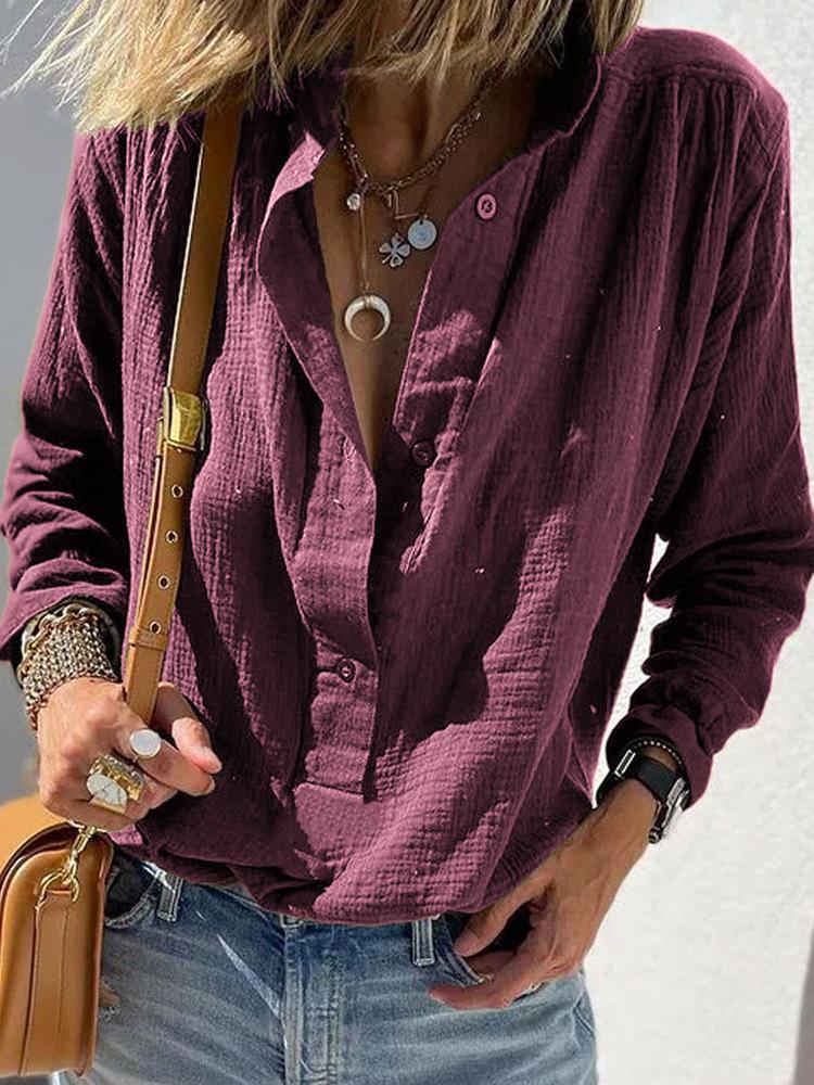 Casual Loose And Stylish Long Sleeves Cotton And Linen Solid Color Retro Button Pullover Shirt