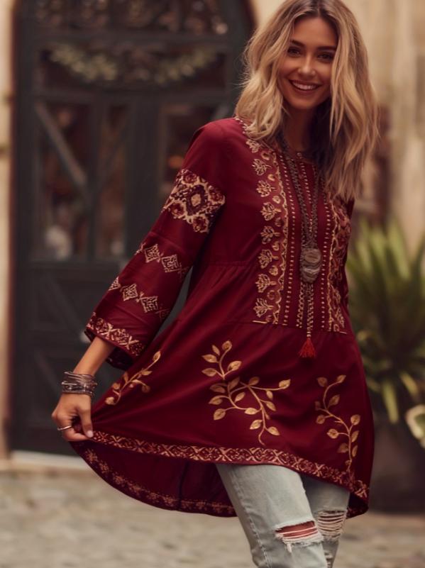 Ethnic Patterned Round Neck Bell Sleeve Casual Top