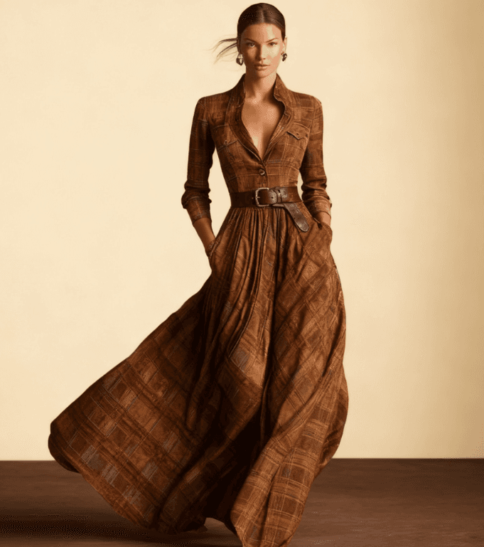Retro Plaid Lapel Fitted Waist Long Sleeve Flowy Long Dress