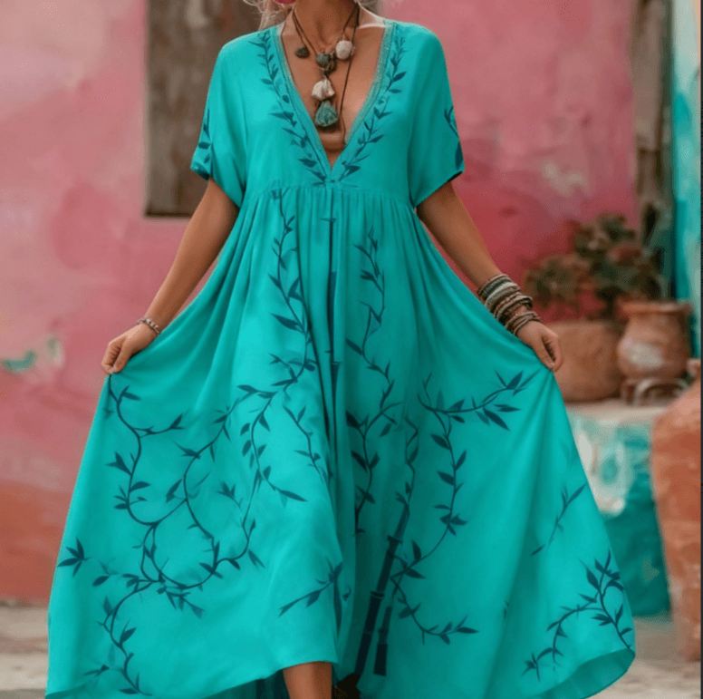 Women's Printed Elegant V-Neck Long Dress