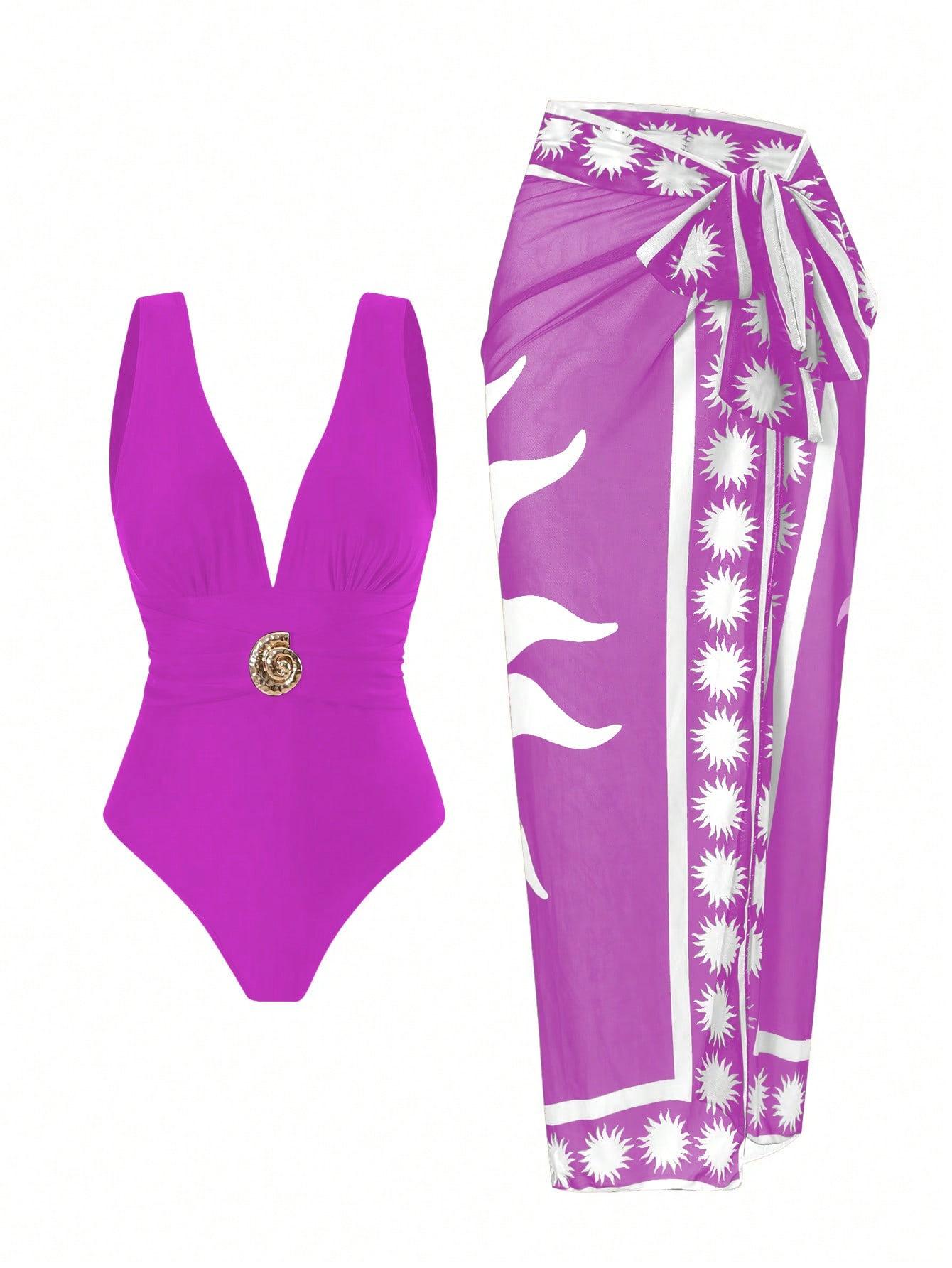 One-piece Deep-V Swimsuit With Printed Beach Dress Set