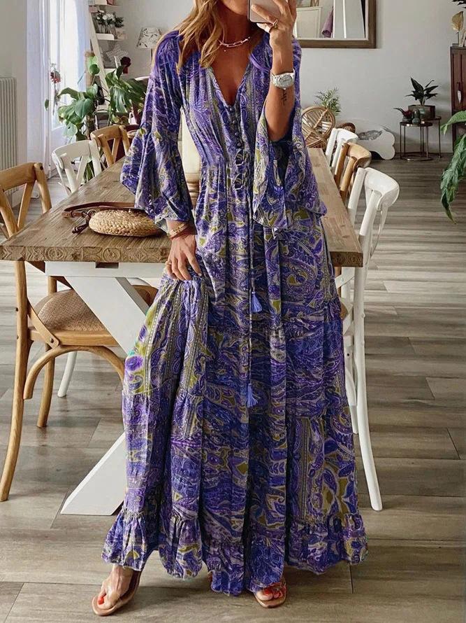 Women's Boho Paisley Print V-Neck Flare Sleeve Ruffle Hem Maxi Dress, Casual Loose Tie Waist Long Dress For Vacation & Beach
