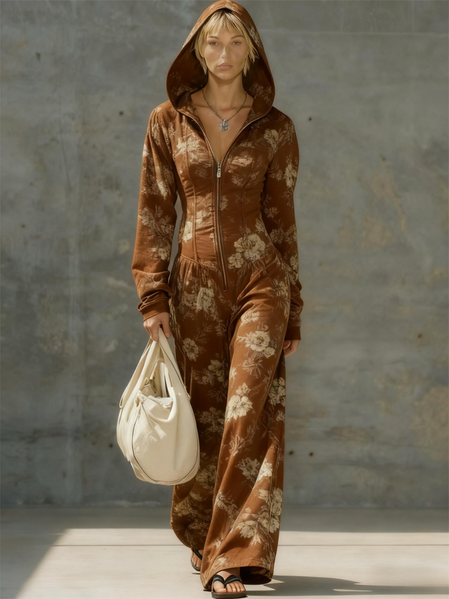 Printed Casual Hooded Zip-up Slim-fit Long Jumpsuit
