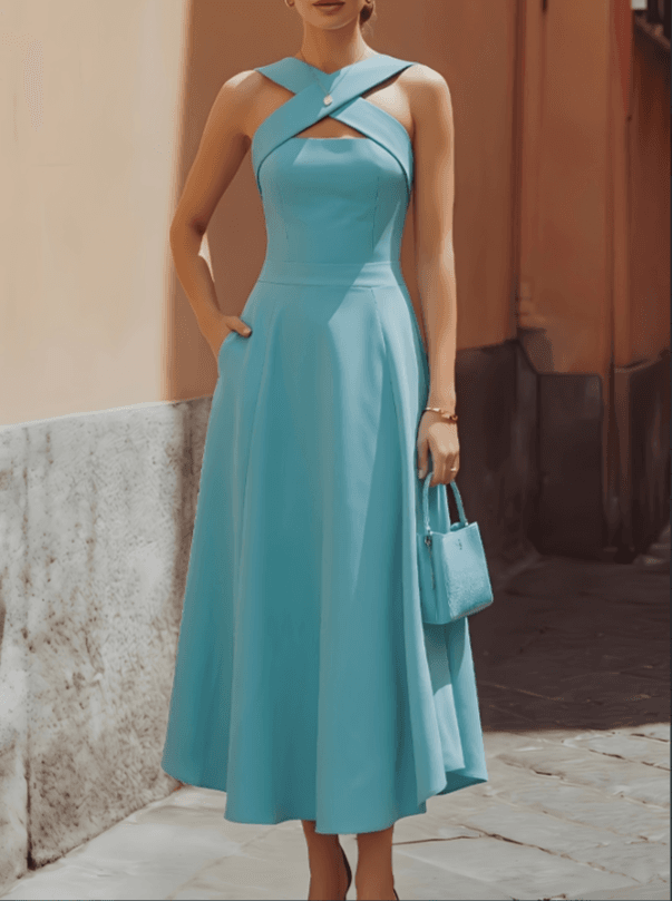 Lake Blue Cross Hanging Neck And Waist A-line Medium Length Dress