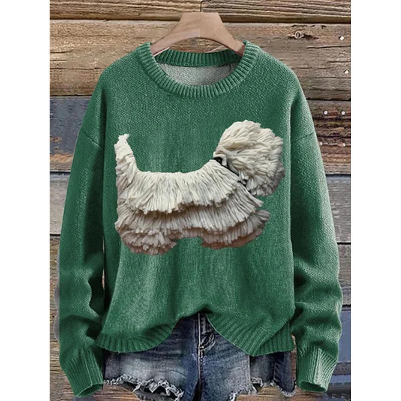 Womens Printed Crew-Neck Chunky-Knit Faux Sweater