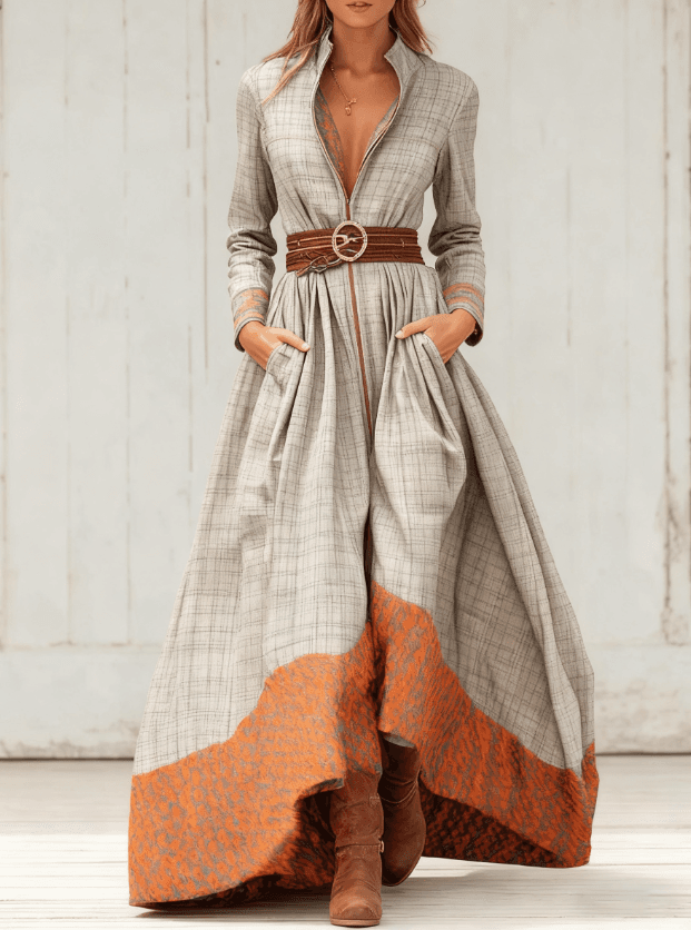 Casual Retro Color-blocked Waist-cinching Long Dress