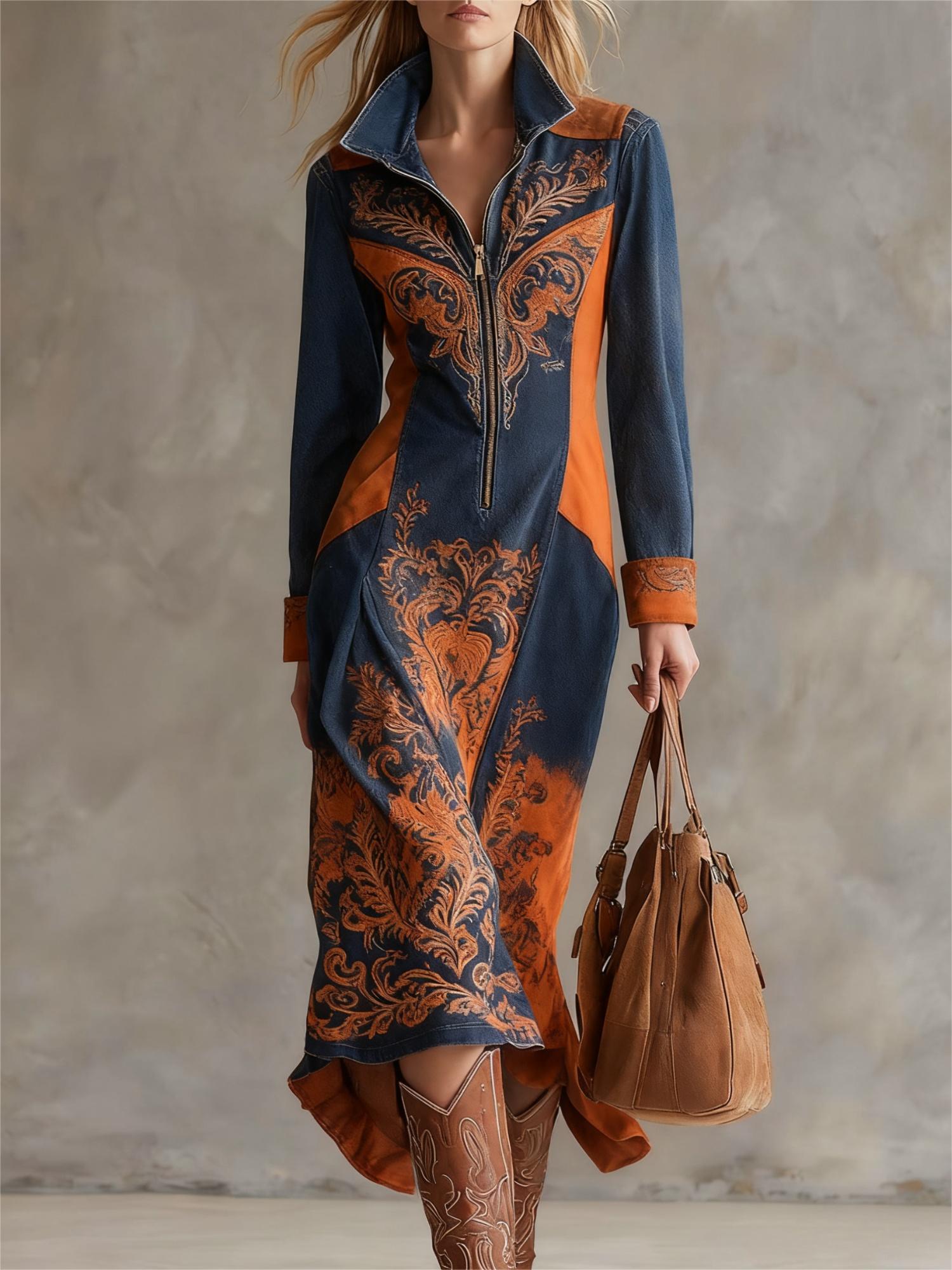 Western Retro Print Lapel Zipper Fitted Midi Long Sleeve Dress