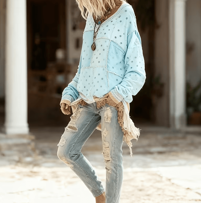 Patchwork Casual V-neck Long-sleeved Loose Top