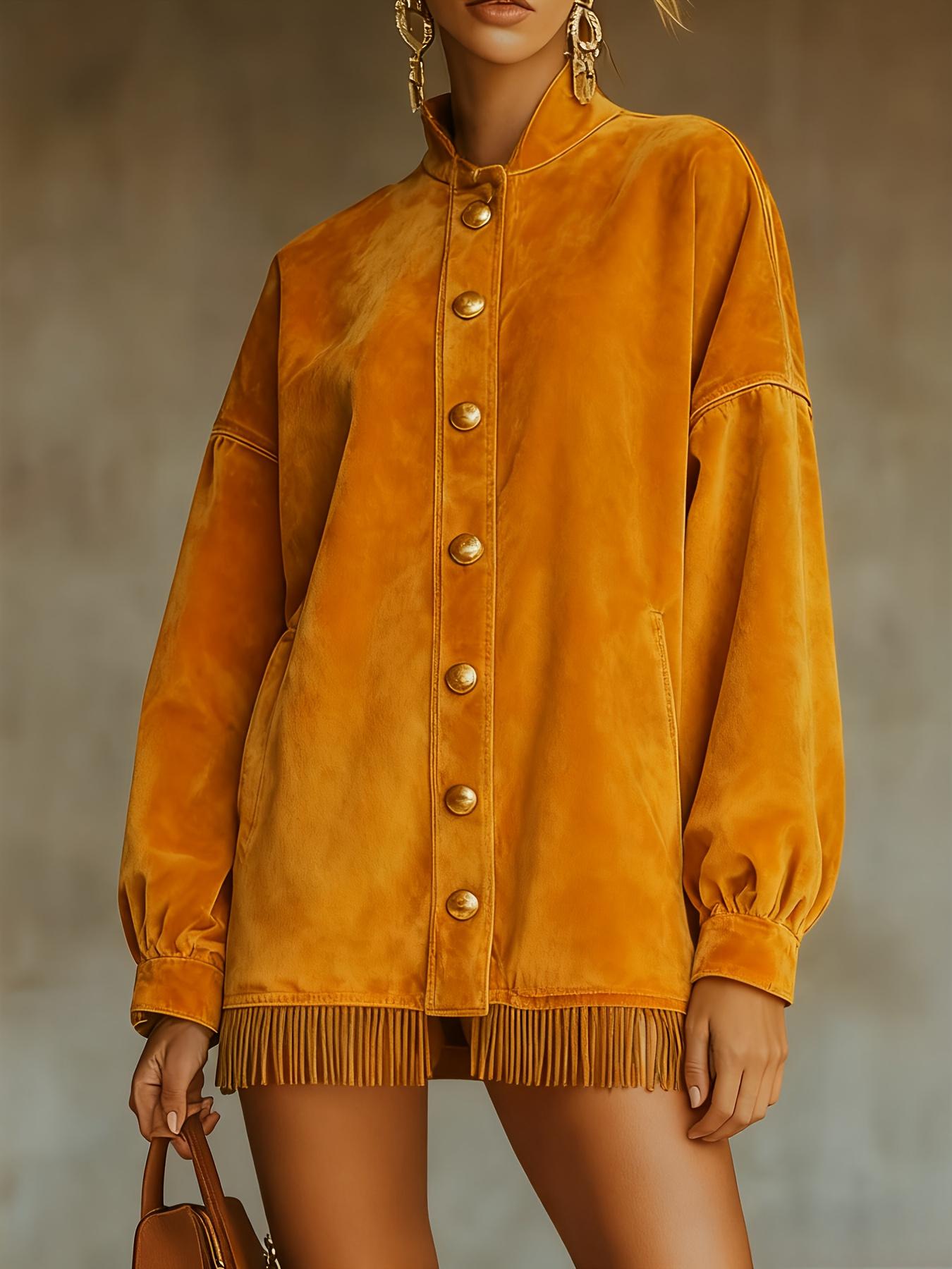 Velvet Fringed Hem Casual Stand-up Collar Button-down Loose Sweatshirt Dress