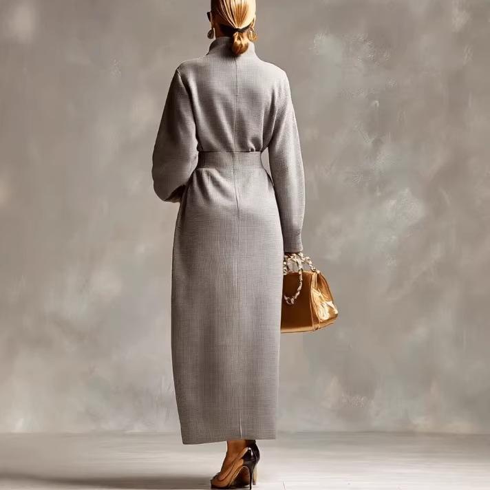 Elegant Casual V-neck Long-sleeve Light Gray Waffle-knit Dress With A Front Zipper
