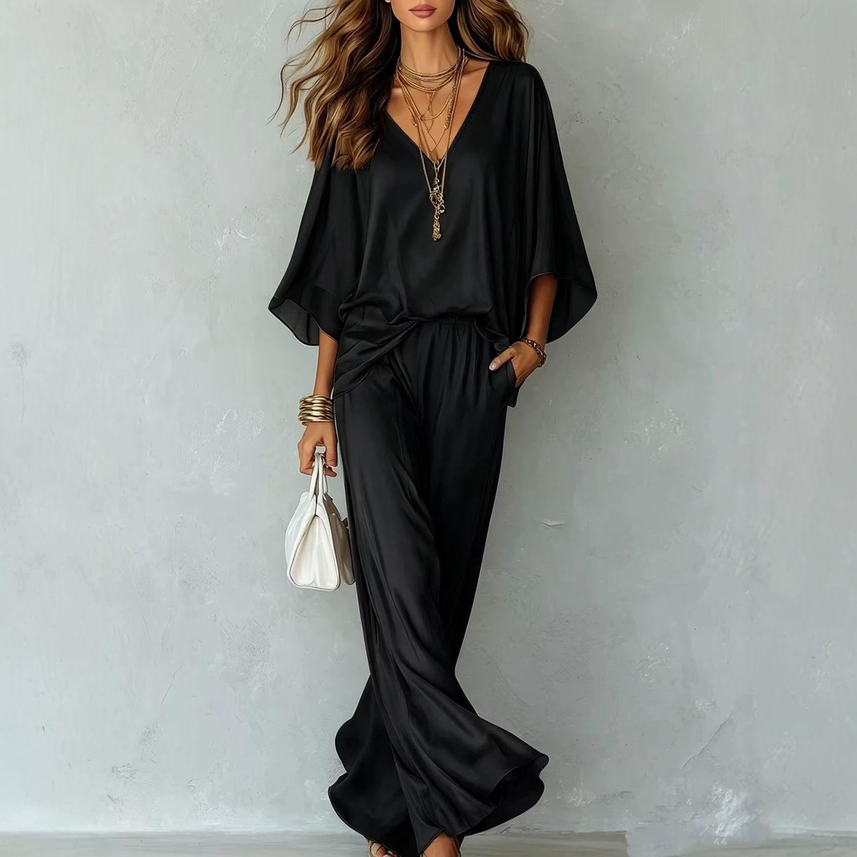 Solid-color Casual Batwing-sleeve Set With Wide-leg Pants