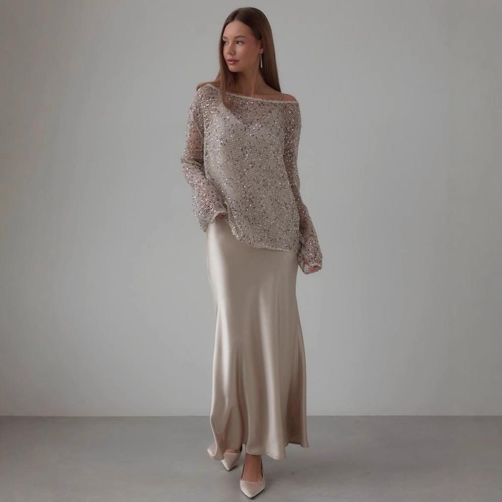 European And American Long Sleeve Hollow Loose Pullover Sequined Top Women's Clothing