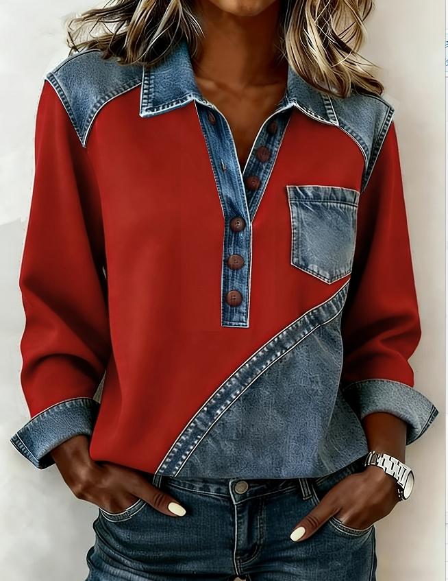 Denim Patchwork Collar Button-down Casual Long-sleeved Top