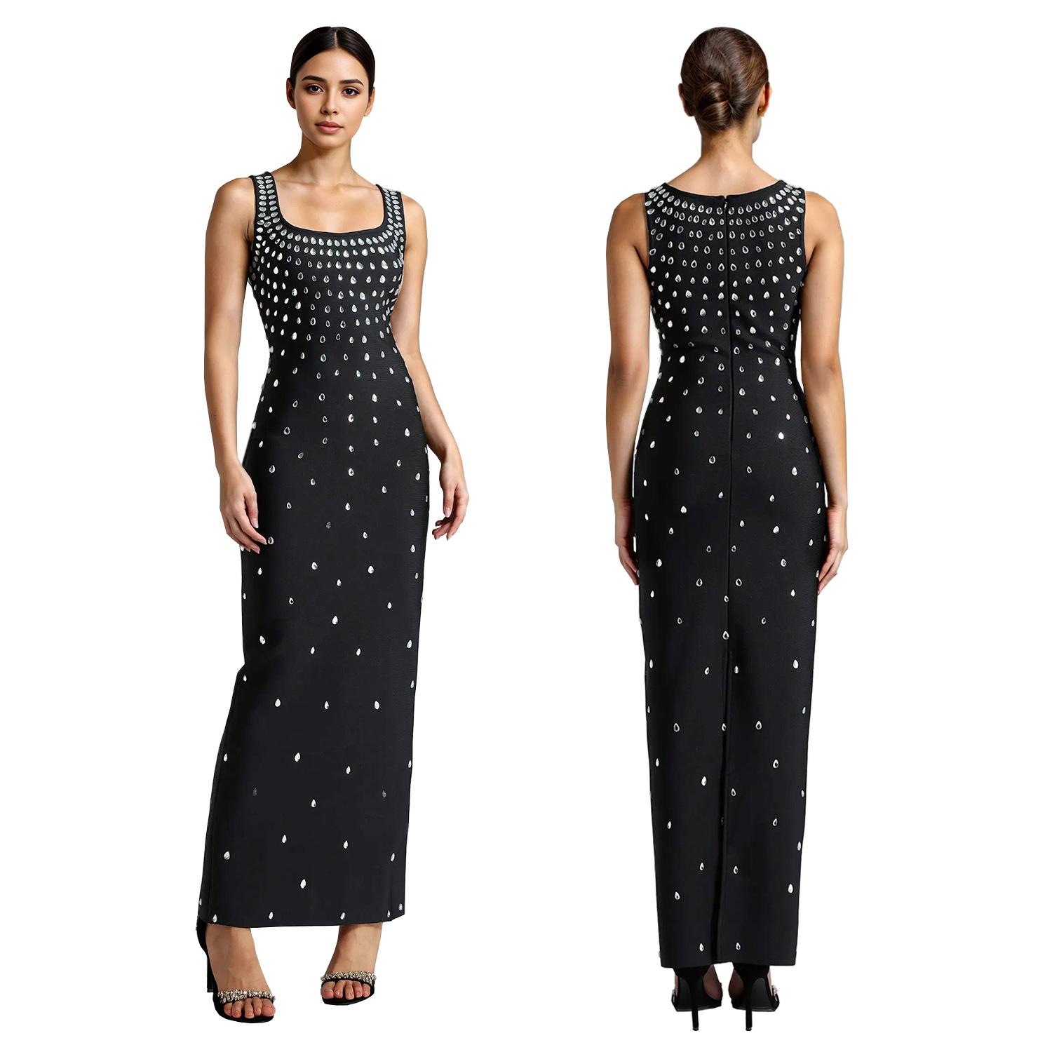 Rhinestone U-neck Sleeveless Sheath Tight Dress