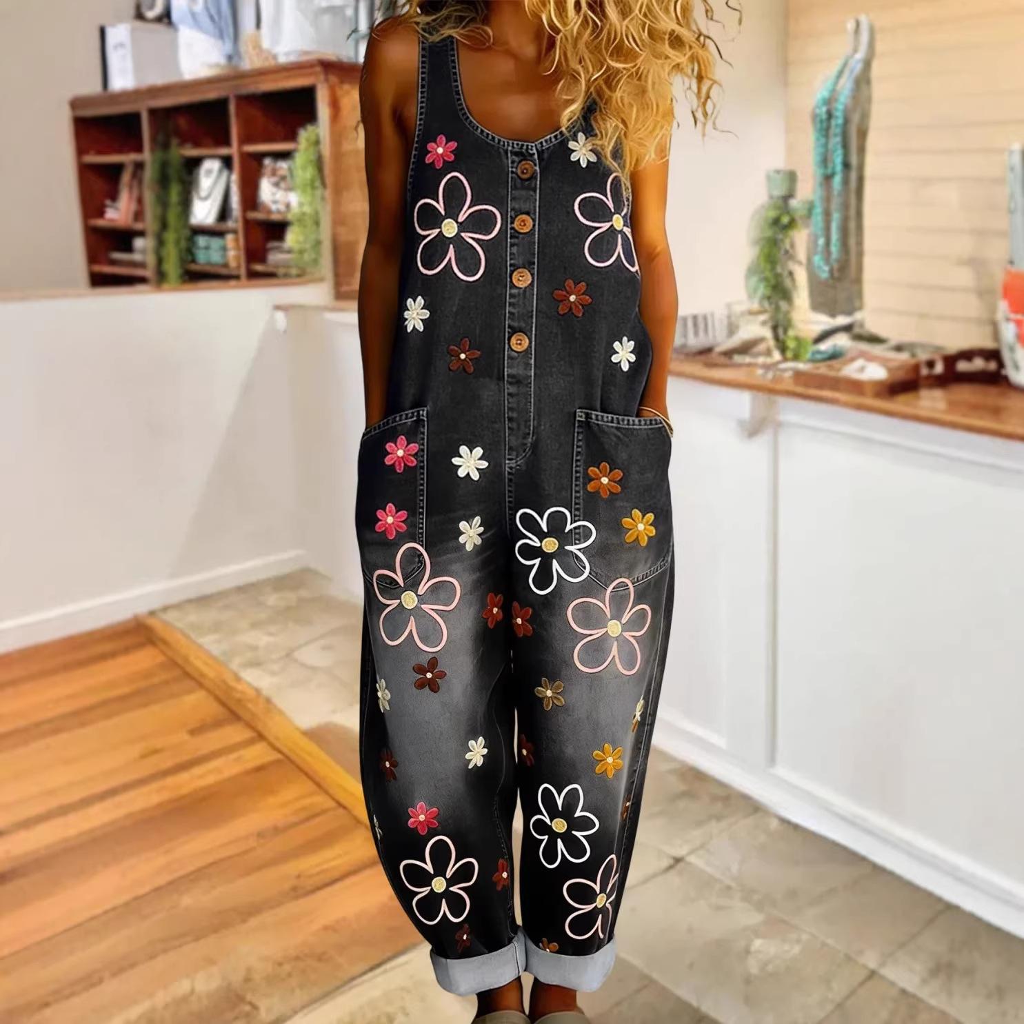 Retro-style Fashionable Wide-leg Faux Denim Overalls