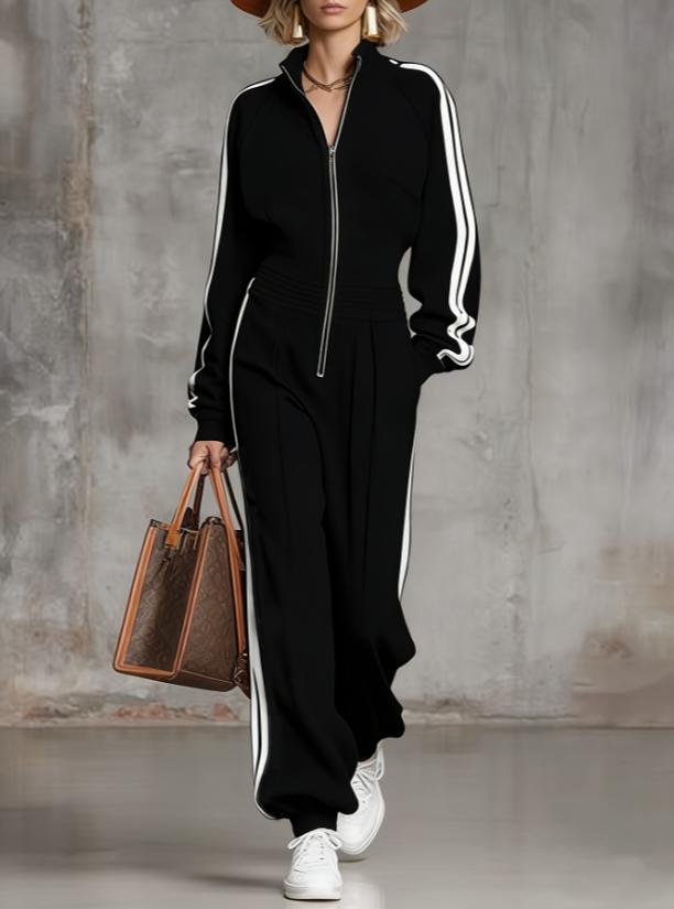 Stand Up Collar Zipper Striped Wide Leg Jumpsuit