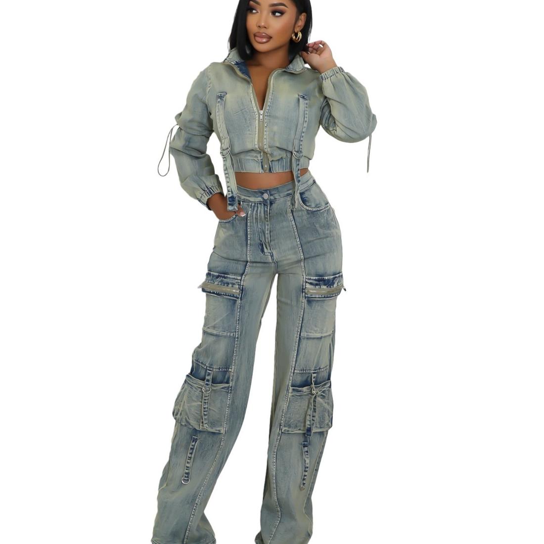 Fashionable And Sexy Washed Denim Jacket And Pants Set